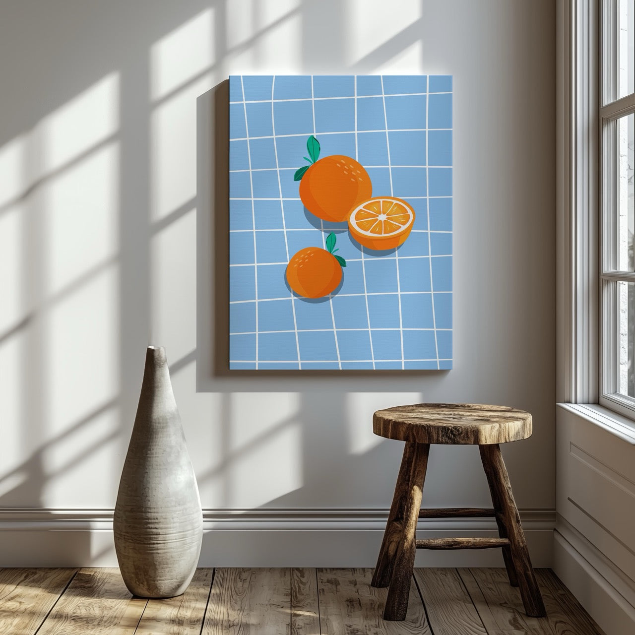 Bright Oranges on Blue Grid - Framed Canvas Wall Art Print - House Prints