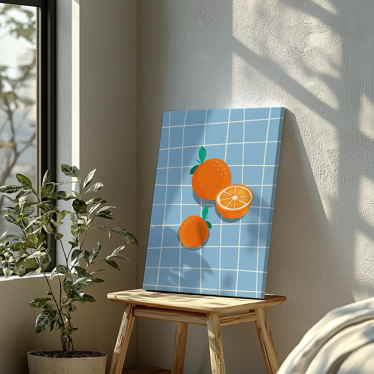 Bright Oranges on Blue Grid - Framed Canvas Wall Art Print | House Prints