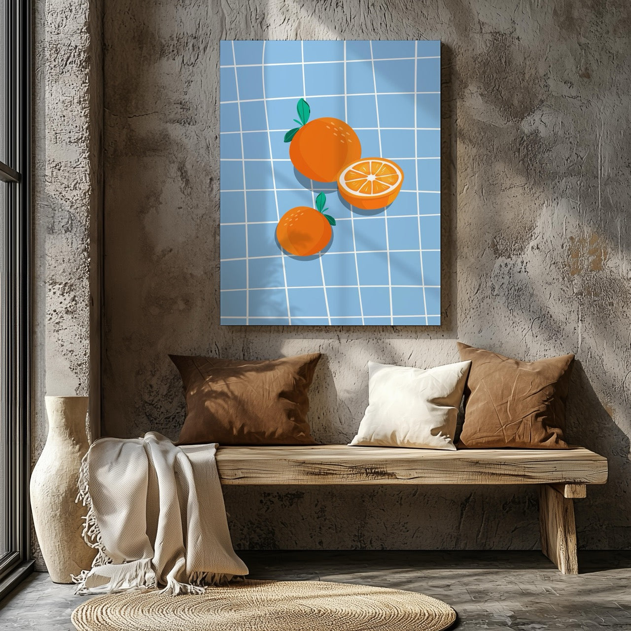 Bright Oranges on Blue Grid - Framed Canvas Wall Art Print | House Prints