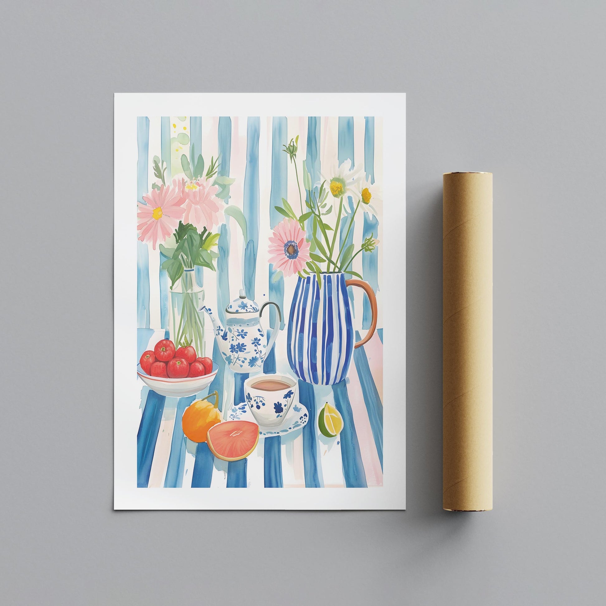 Morning Tea with Blooming Flowers - Rolled Poster Wall Art Print - House Prints