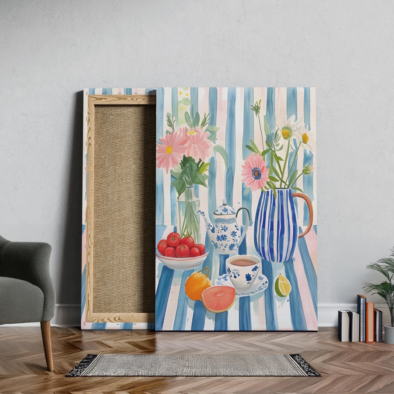 Morning Tea with Blooming Flowers - Framed Canvas Wall Art Print - House Prints