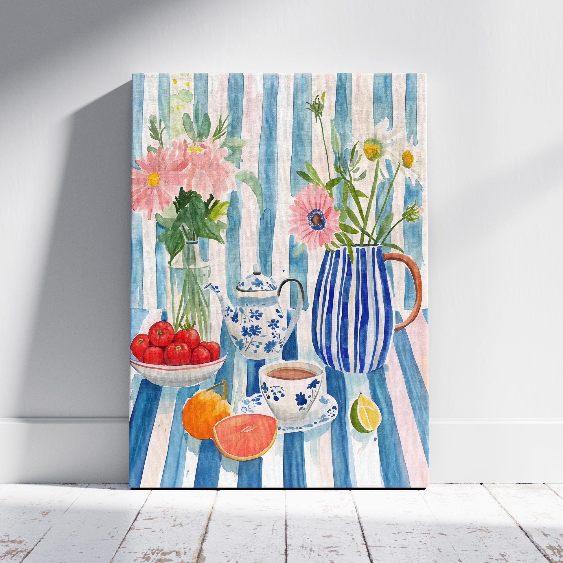 Morning Tea with Blooming Flowers - Framed Canvas Wall Art Print - House Prints