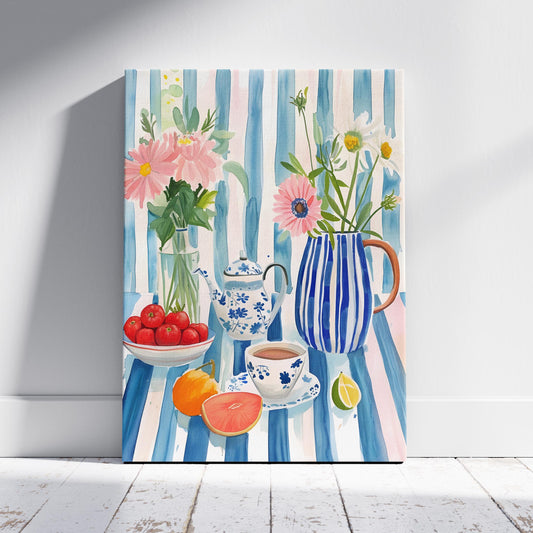 Morning Tea with Blooming Flowers - Framed Canvas Wall Art Print - House Prints