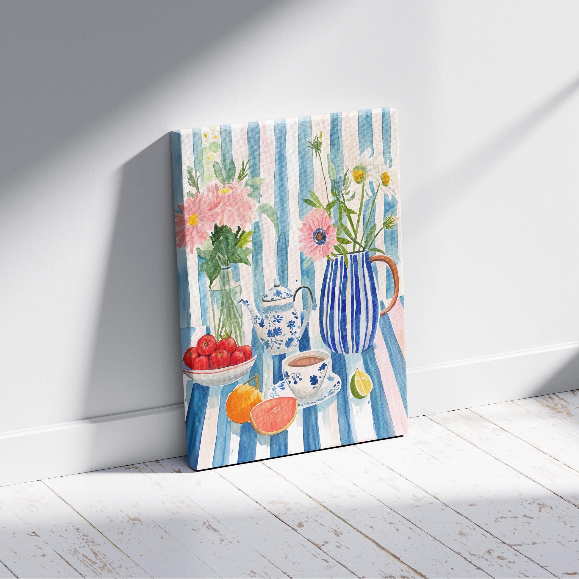 Morning Tea with Blooming Flowers - Framed Canvas Wall Art Print - House Prints