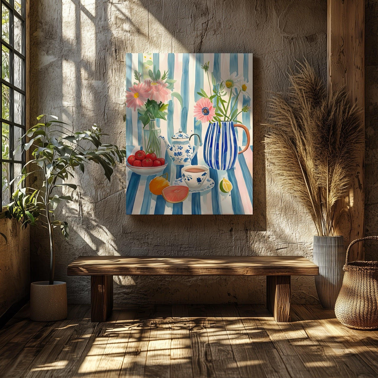 Morning Tea with Blooming Flowers - Framed Canvas Wall Art Print - House Prints
