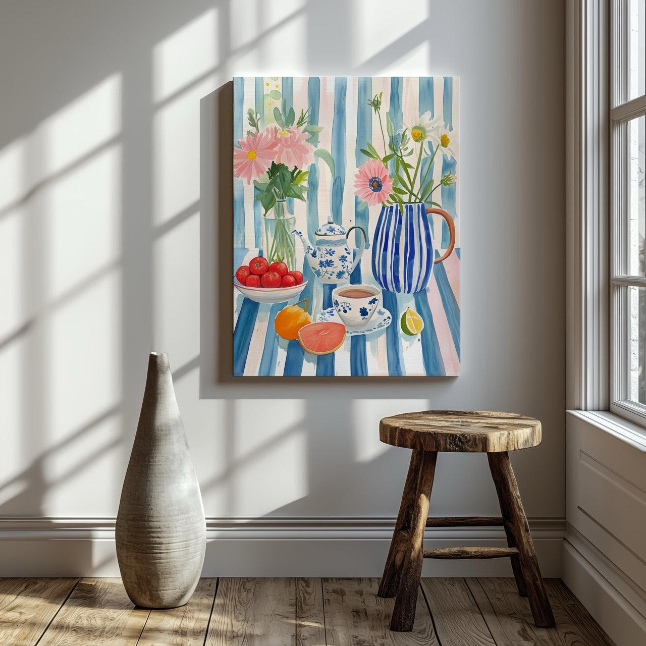 Morning Tea with Blooming Flowers - Framed Canvas Wall Art Print - House Prints
