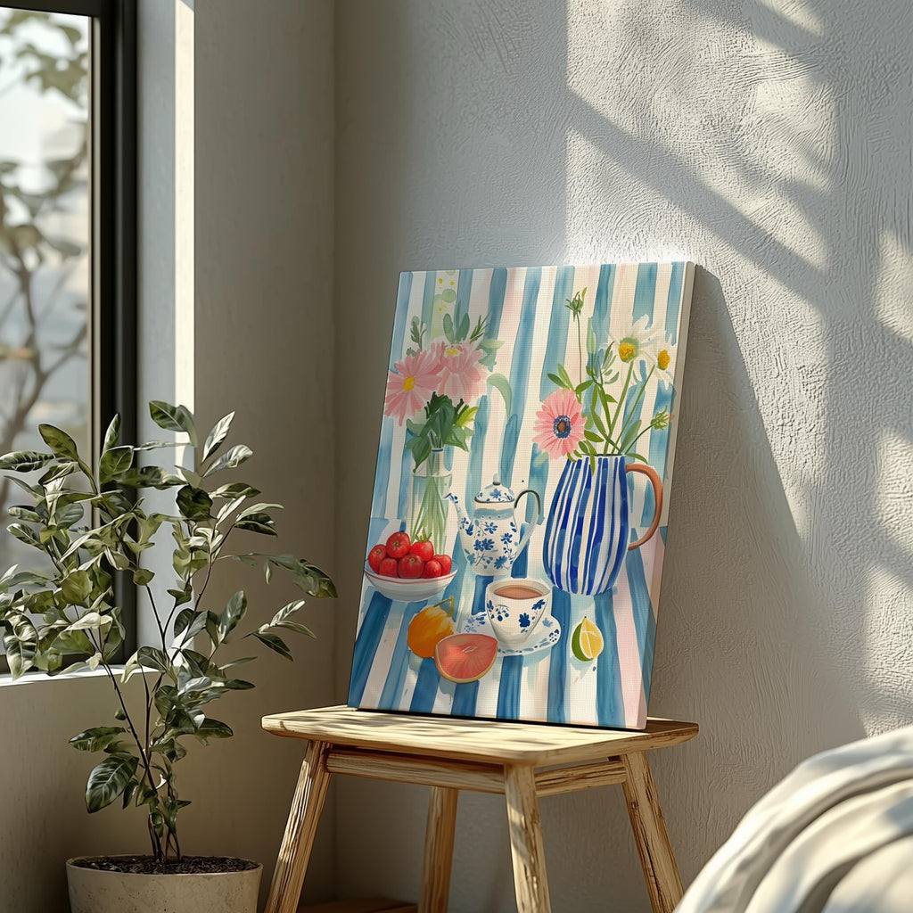 Morning Tea with Blooming Flowers - Framed Canvas Wall Art Print | House Prints