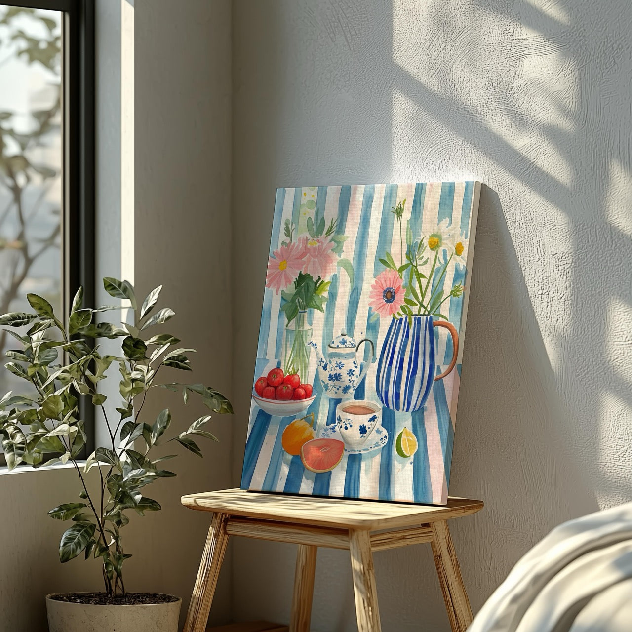 Morning Tea with Blooming Flowers - Framed Canvas Wall Art Print - House Prints