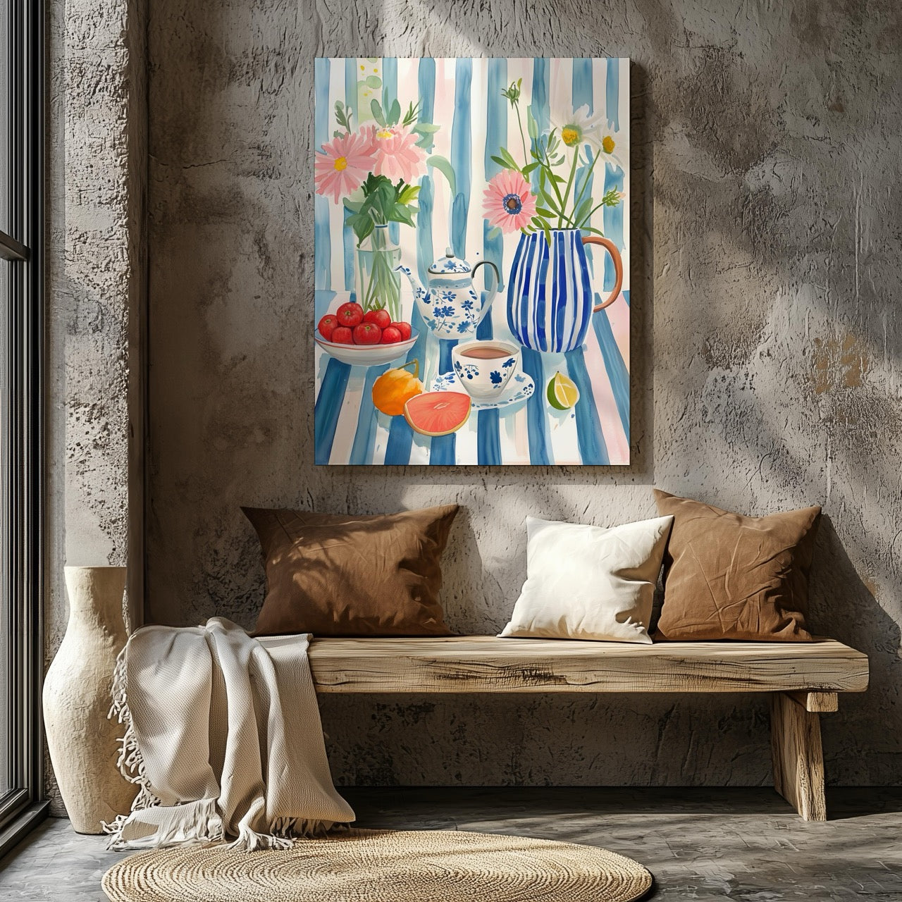 Morning Tea with Blooming Flowers - Framed Canvas Wall Art Print - House Prints