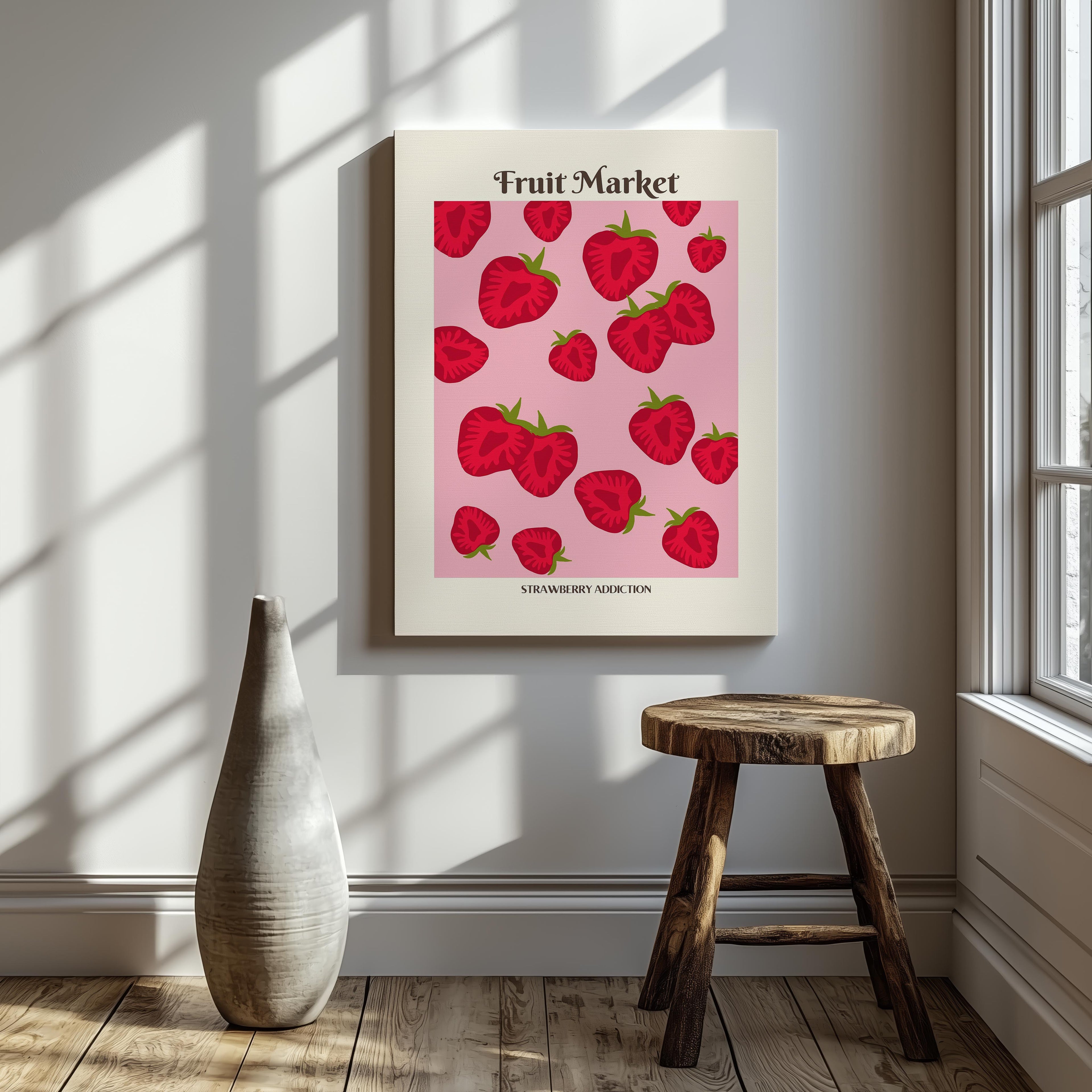 Pink Strawberry Addiction Kitchen Fruit Market - Framed Canvas Wall Art Print | House Prints