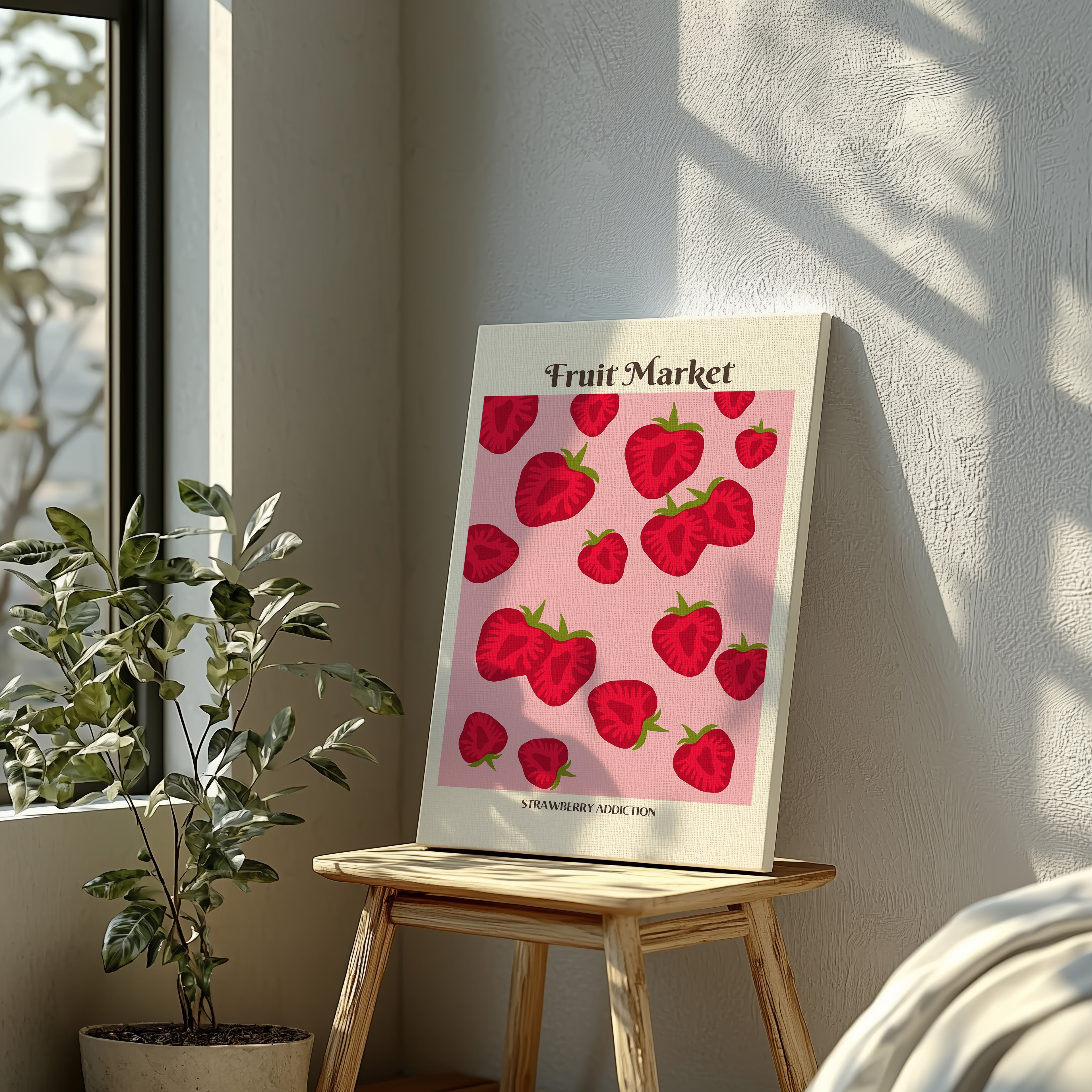 Pink Strawberry Addiction Kitchen Fruit Market - Framed Canvas Wall Art Print | House Prints