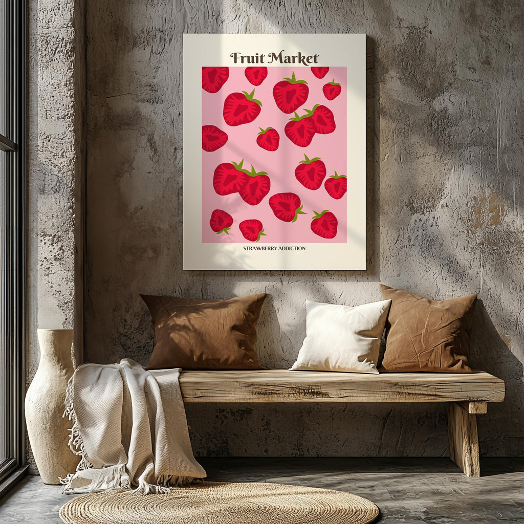 Pink Strawberry Addiction Kitchen Fruit Market - Framed Canvas Wall Art Print | House Prints