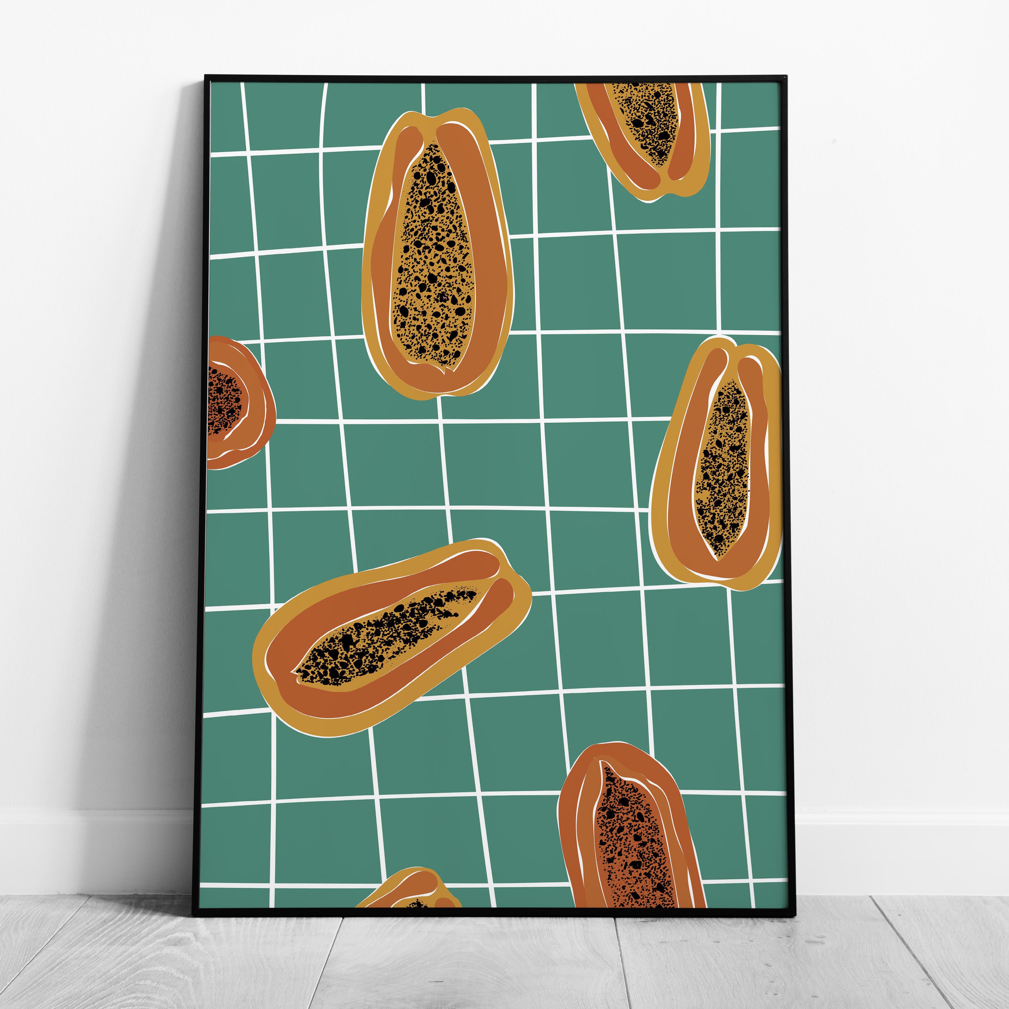 Vibrant Papayas on Green Grid - Rolled Poster Wall Art Print | House Prints