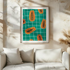 Vibrant Papayas on Green Grid - Rolled Poster Wall Art Print | House Prints