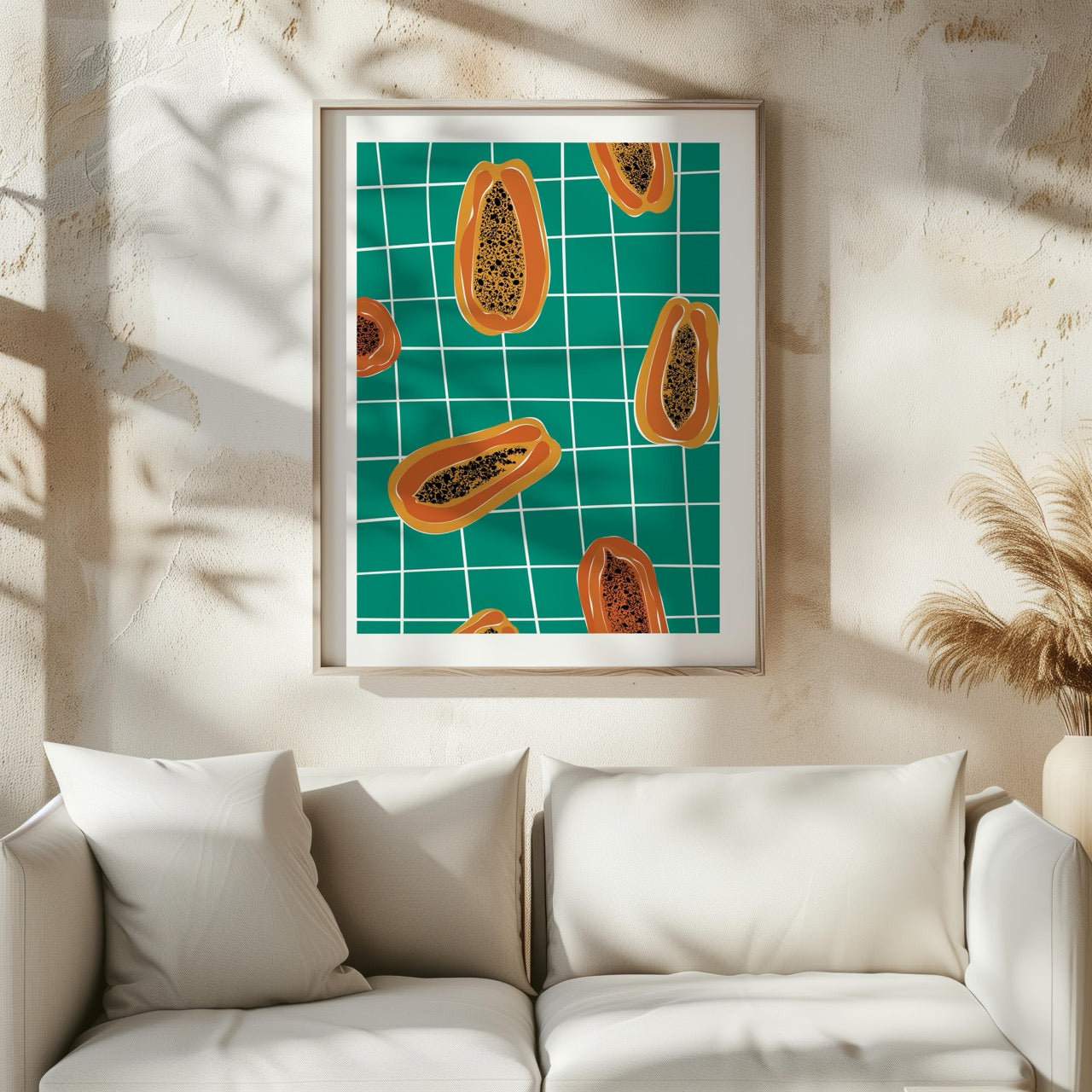 Vibrant Papayas on Green Grid - Rolled Poster Wall Art Print | House Prints