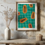 Vibrant Papayas on Green Grid - Rolled Poster Wall Art Print | House Prints