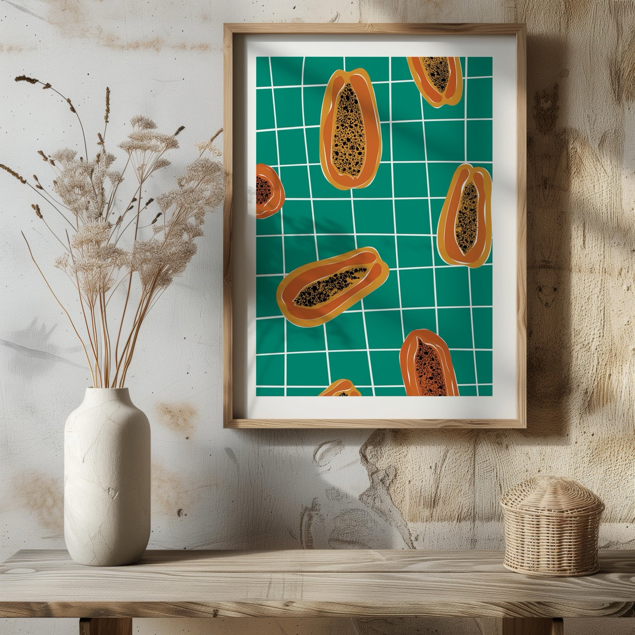 Vibrant Papayas on Green Grid - Rolled Poster Wall Art Print | House Prints