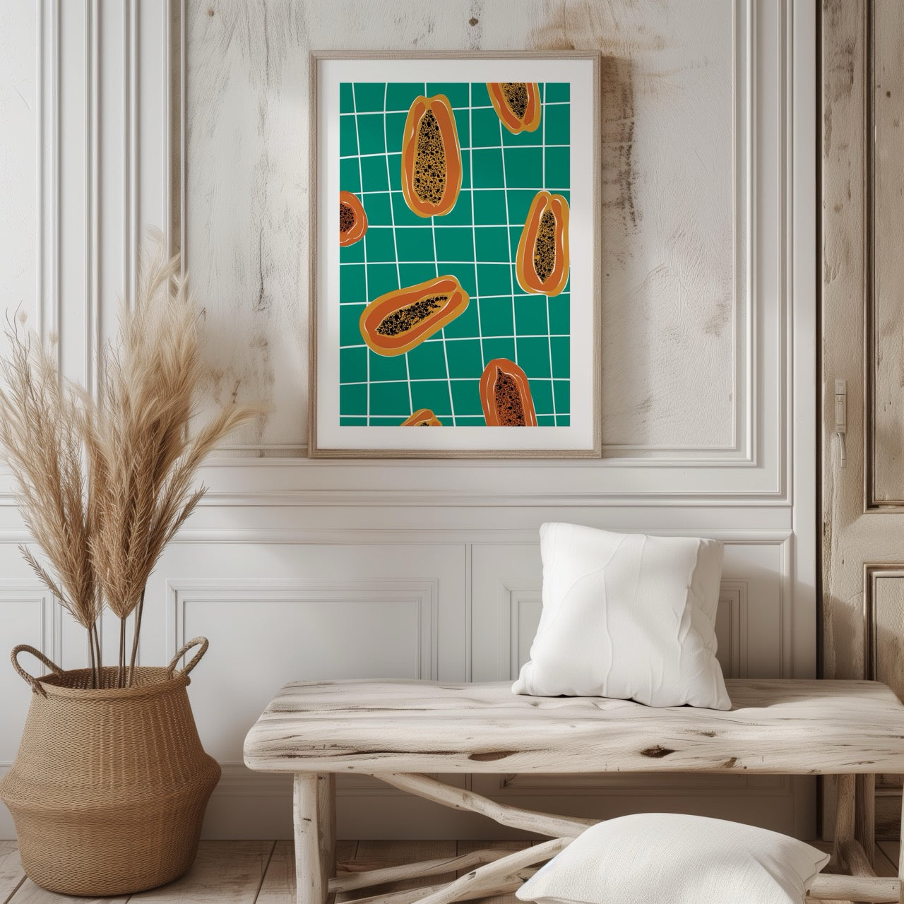 Vibrant Papayas on Green Grid - Rolled Poster Wall Art Print | House Prints
