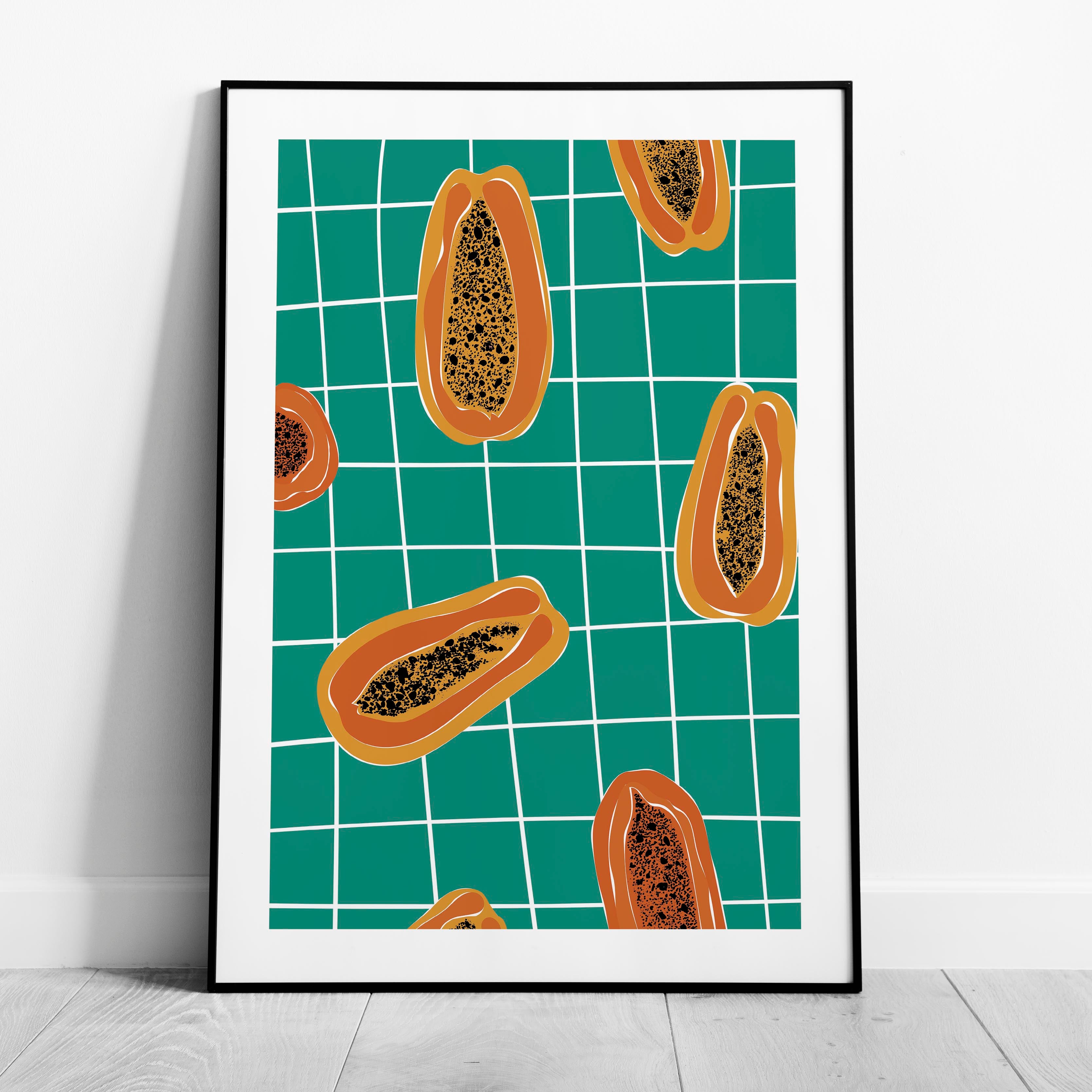 Vibrant Papayas on Green Grid - Rolled Poster Wall Art Print | House Prints