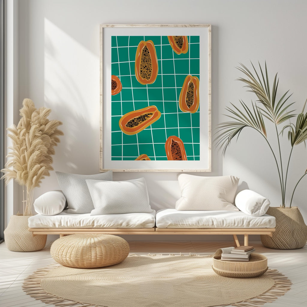 Vibrant Papayas on Green Grid - Rolled Poster Wall Art Print | House Prints