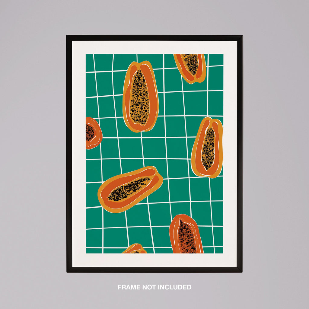 Vibrant Papayas on Green Grid - Rolled Poster Wall Art Print | House Prints