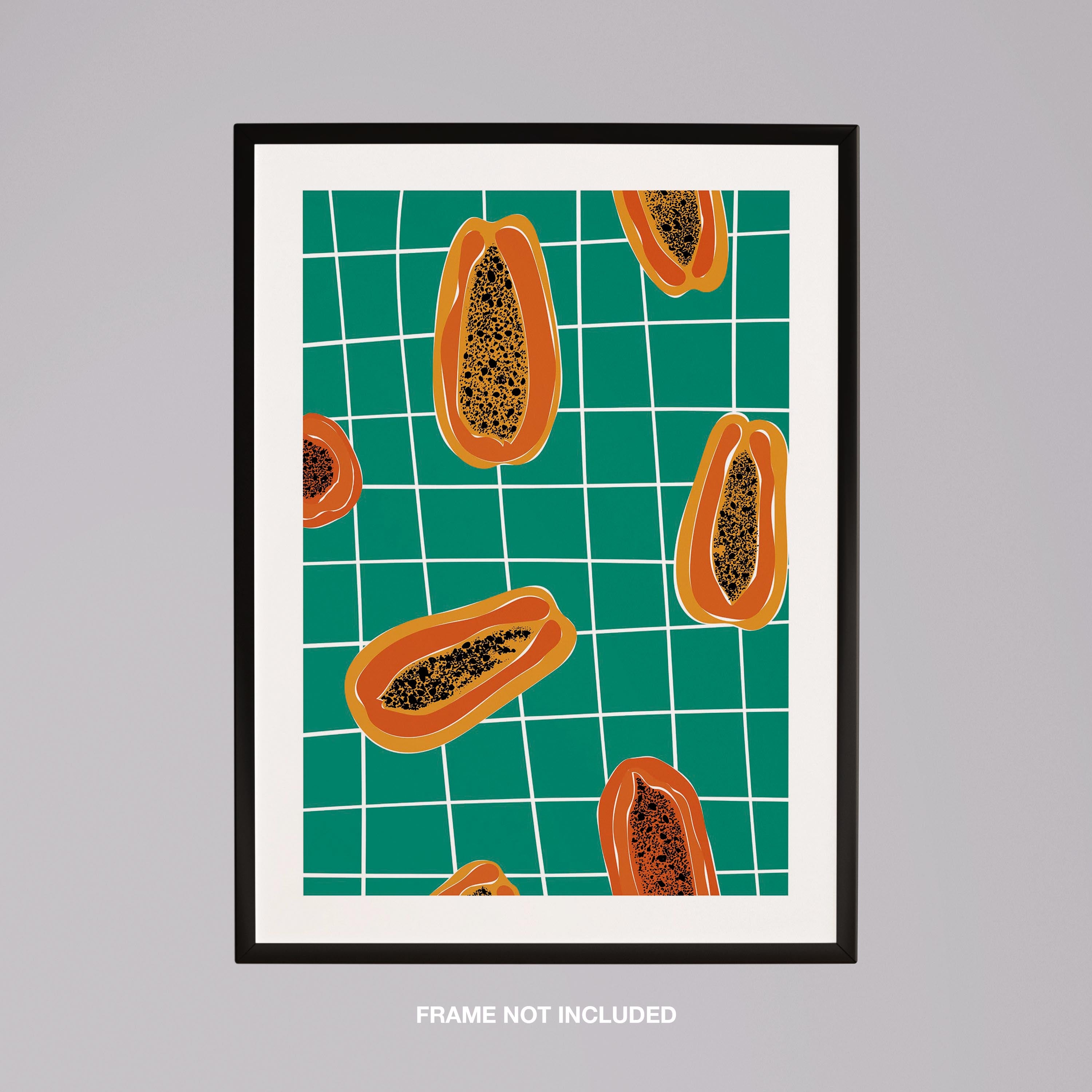 Vibrant Papayas on Green Grid - Rolled Poster Wall Art Print | House Prints