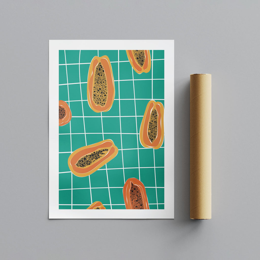Vibrant Papayas on Green Grid - Rolled Poster Wall Art Print | House Prints