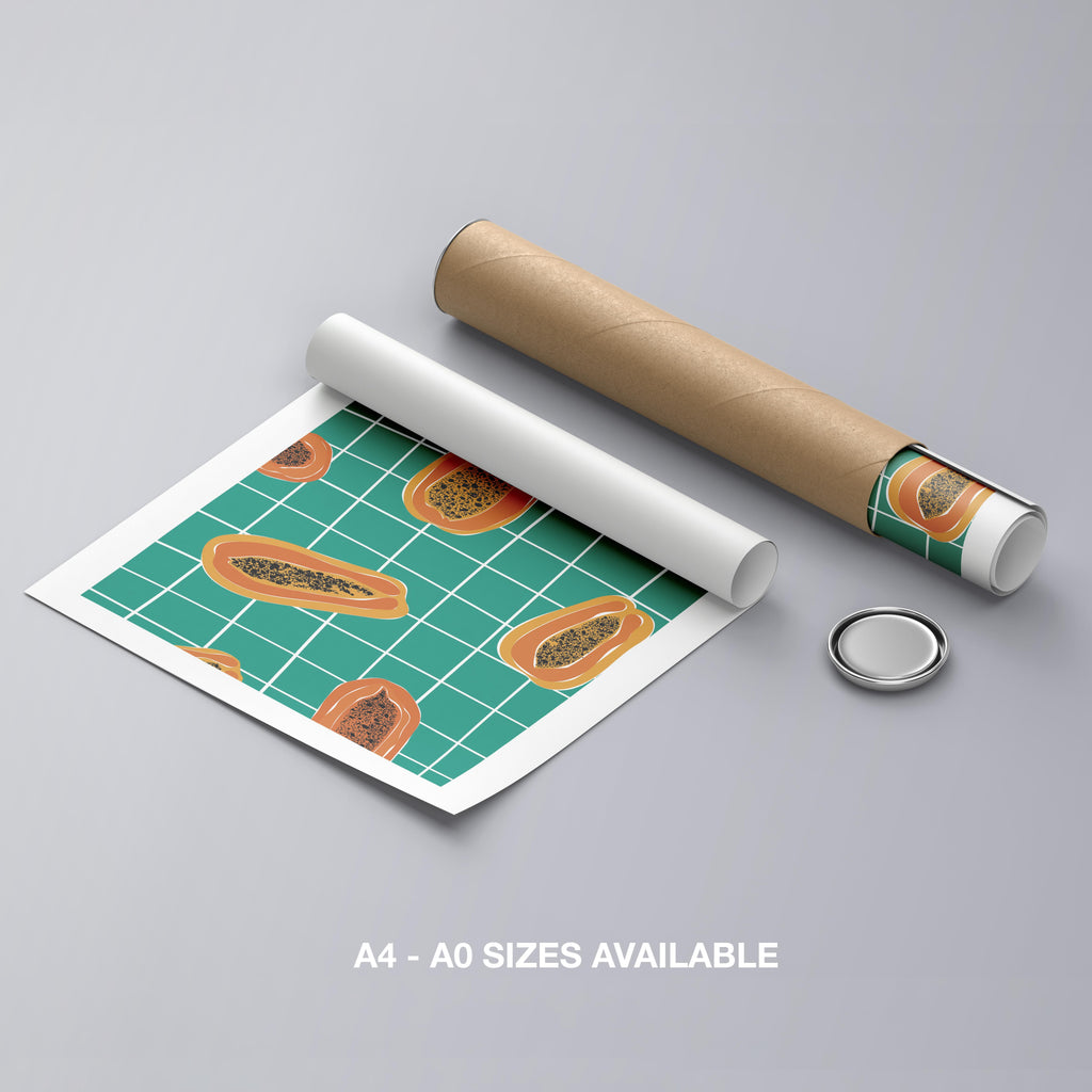 Vibrant Papayas on Green Grid - Rolled Poster Wall Art Print | House Prints