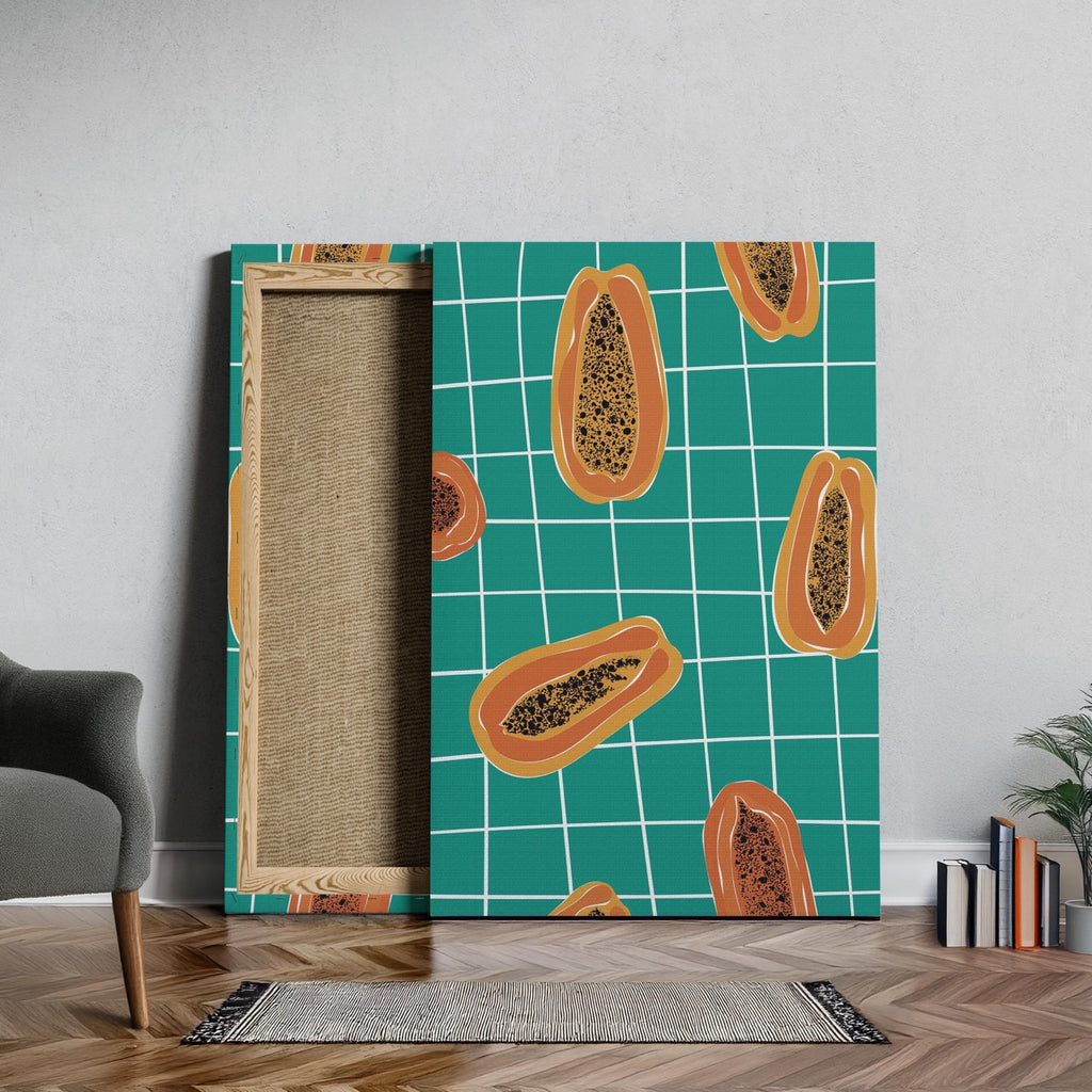 Vibrant Papayas on Green Grid - Framed Canvas Wall Art Print | House Prints