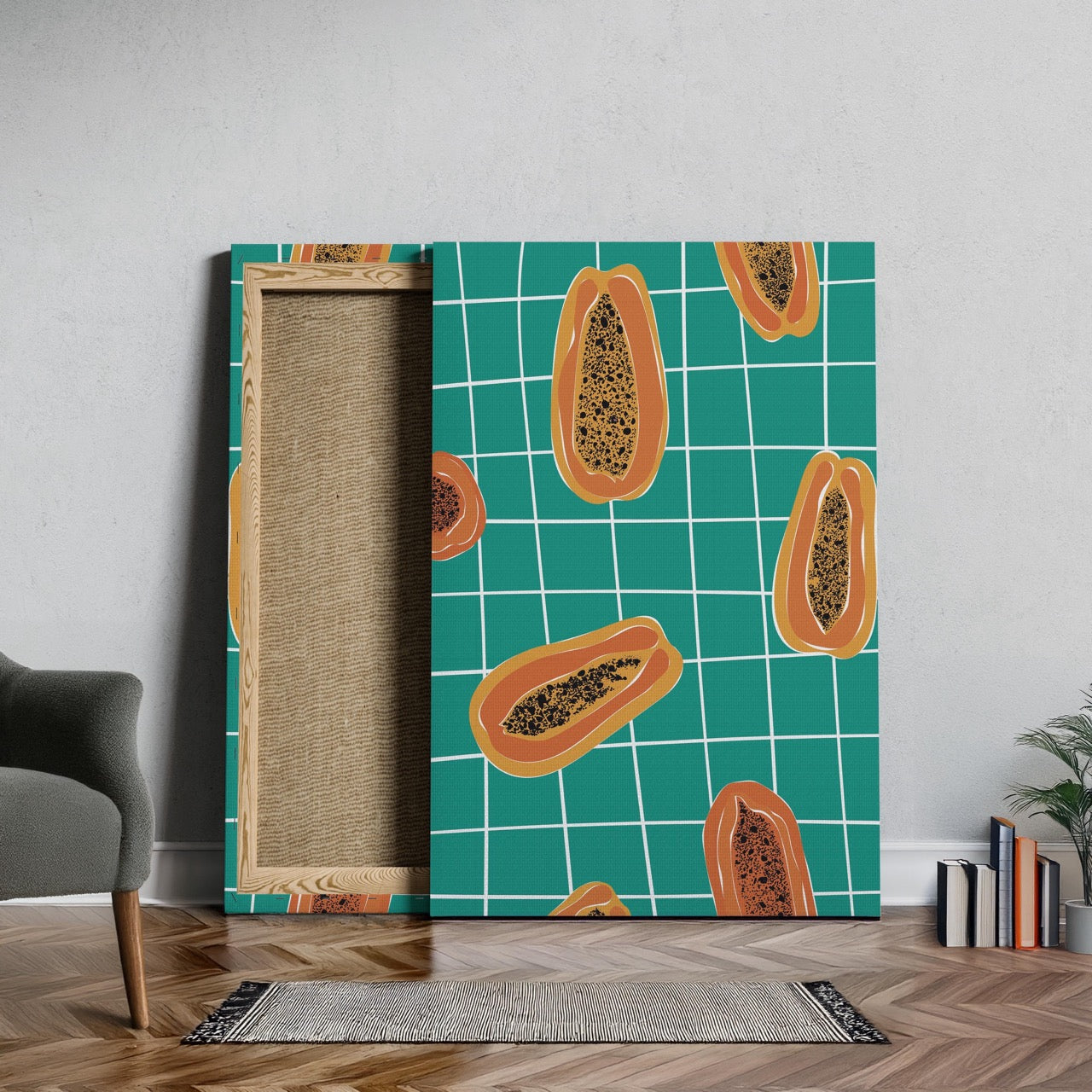 Vibrant Papayas on Green Grid - Framed Canvas Wall Art Print | House Prints
