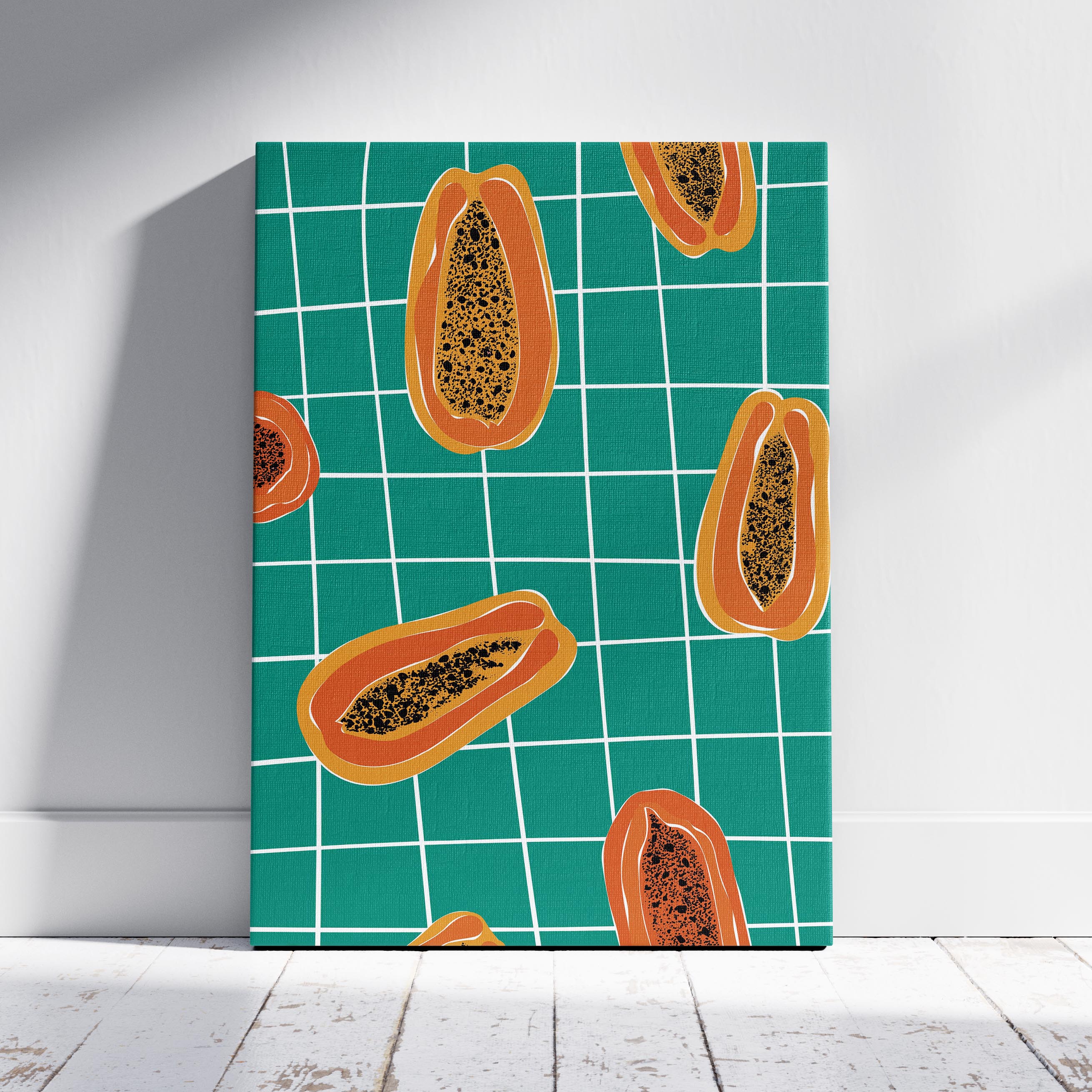 Vibrant Papayas on Green Grid - Framed Canvas Wall Art Print | House Prints