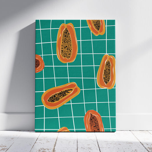 Vibrant Papayas on Green Grid - Framed Canvas Wall Art Print - House Prints