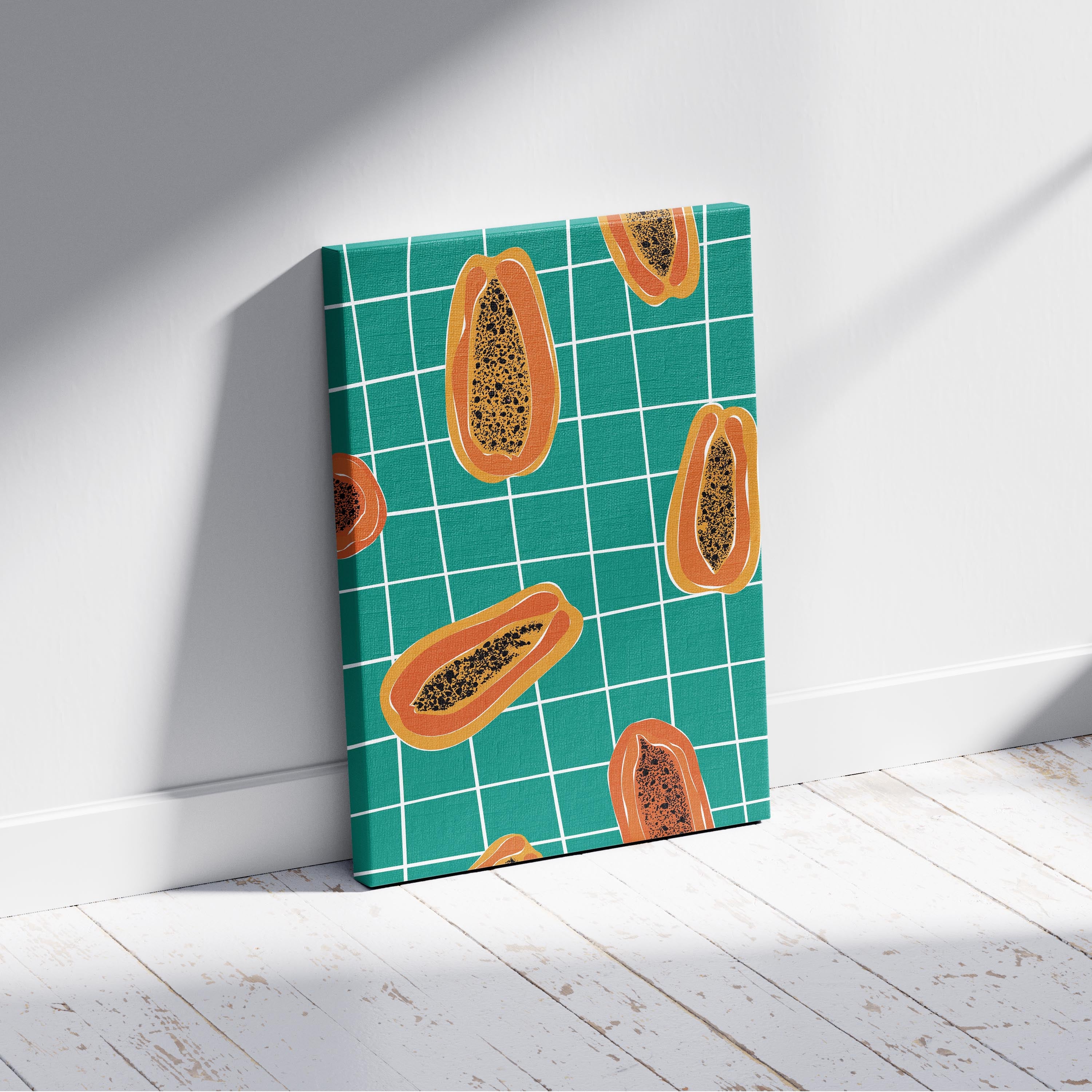 Vibrant Papayas on Green Grid - Framed Canvas Wall Art Print | House Prints