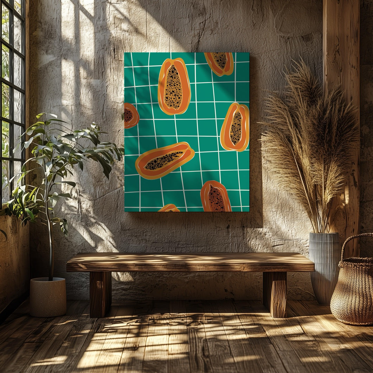 Vibrant Papayas on Green Grid - Framed Canvas Wall Art Print | House Prints