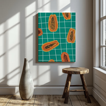 Vibrant Papayas on Green Grid - Framed Canvas Wall Art Print - House Prints