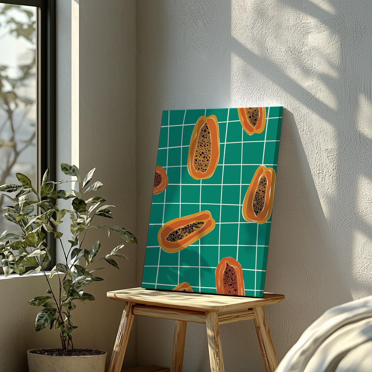 Vibrant Papayas on Green Grid - Framed Canvas Wall Art Print | House Prints