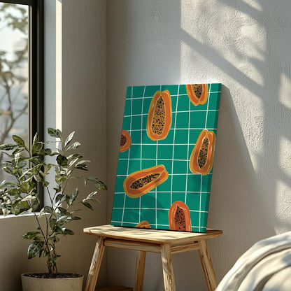 Vibrant Papayas on Green Grid - Framed Canvas Wall Art Print - House Prints