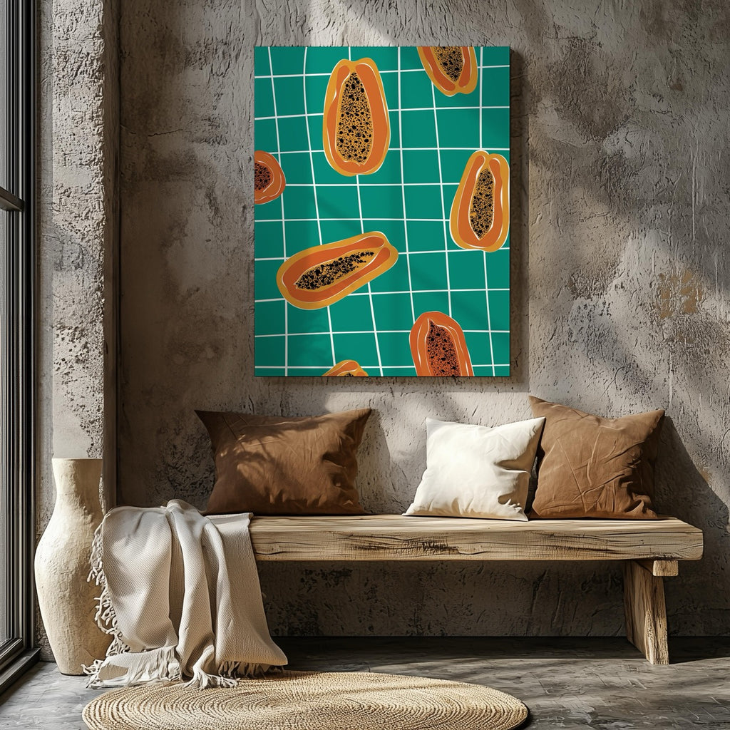 Vibrant Papayas on Green Grid - Framed Canvas Wall Art Print | House Prints