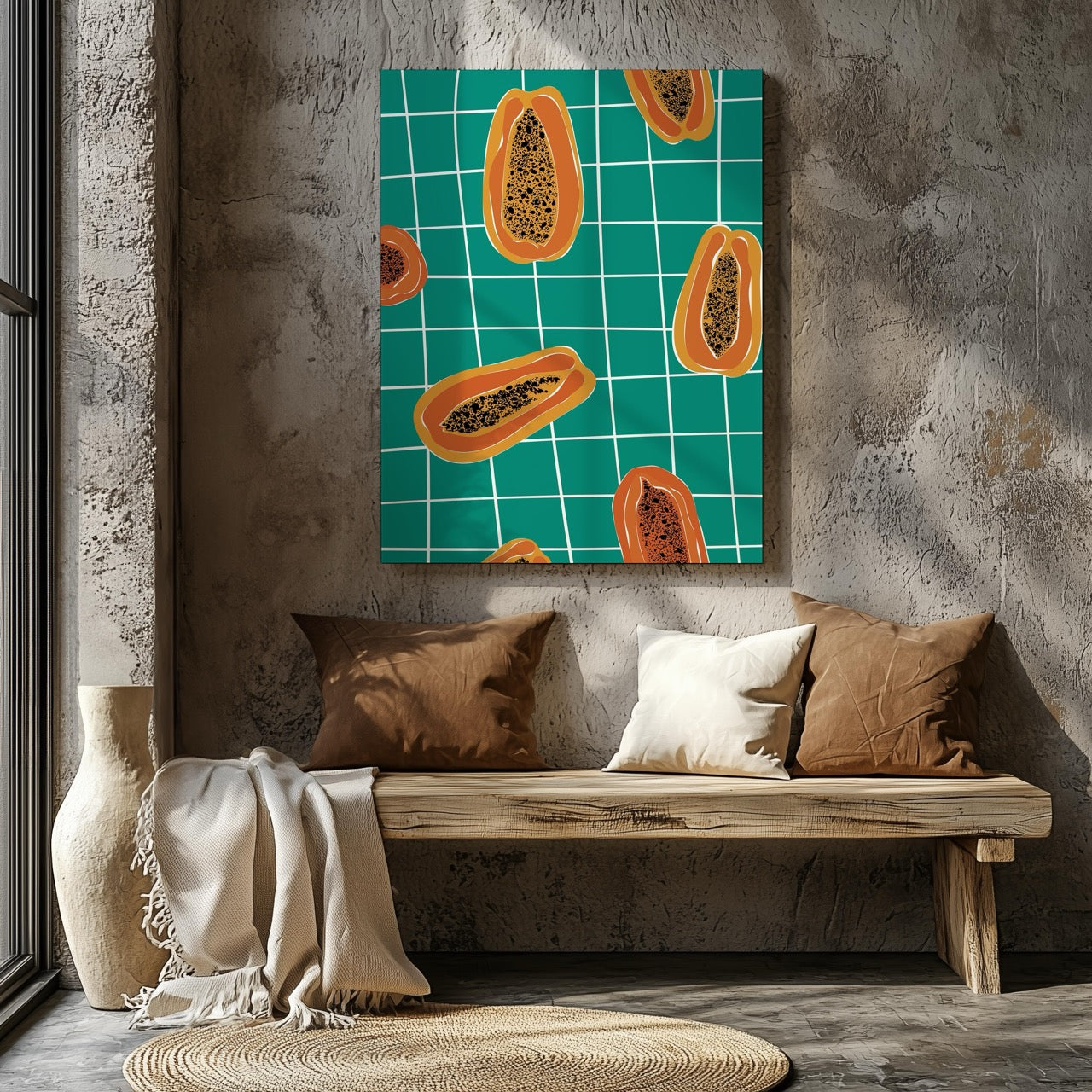 Vibrant Papayas on Green Grid - Framed Canvas Wall Art Print | House Prints