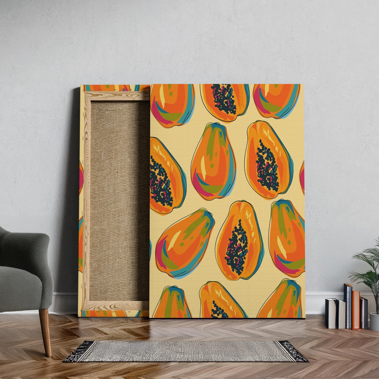 Tropical Papaya Paradise Pattern - Framed Canvas Wall Art Print - House Prints