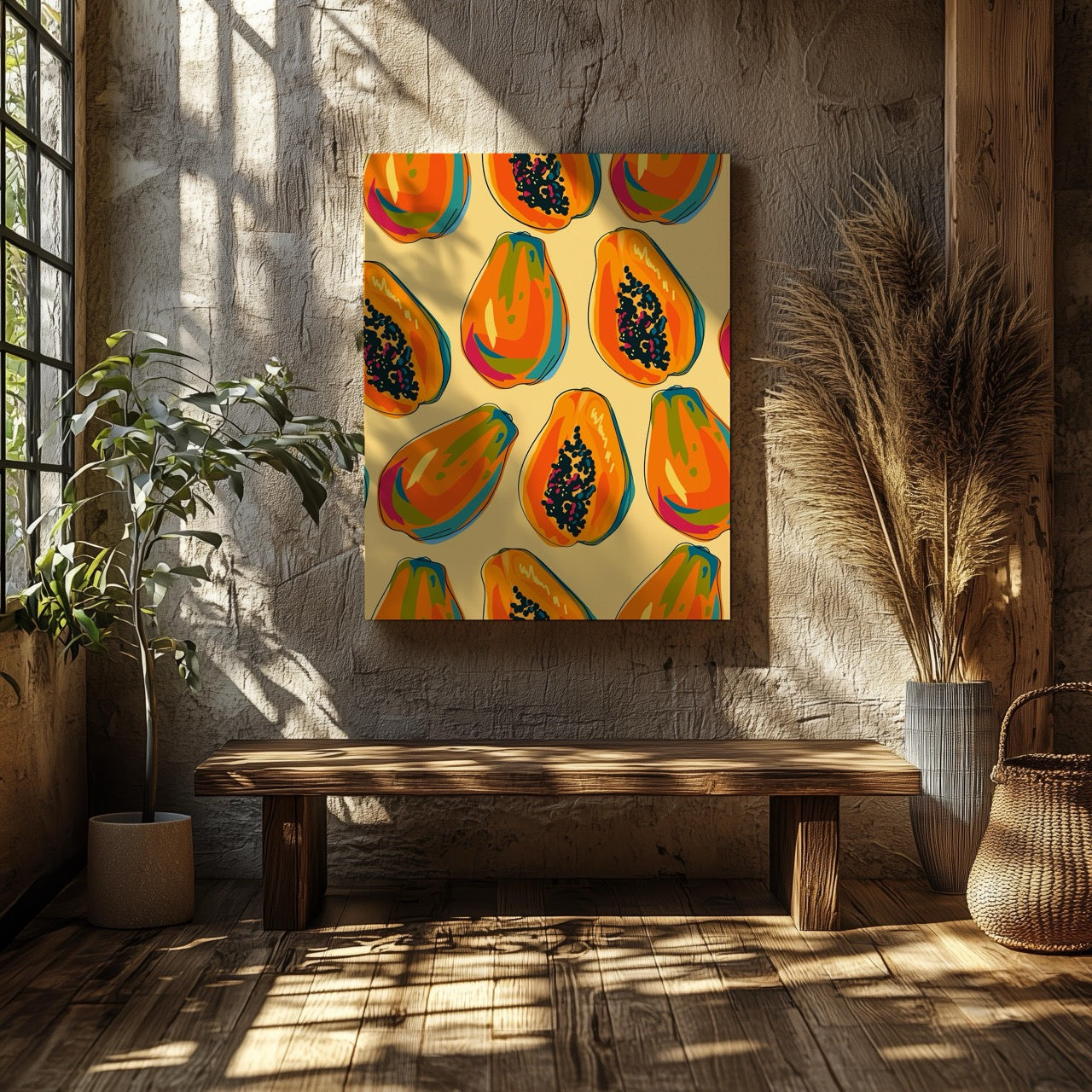 Tropical Papaya Paradise Pattern - Framed Canvas Wall Art Print - House Prints