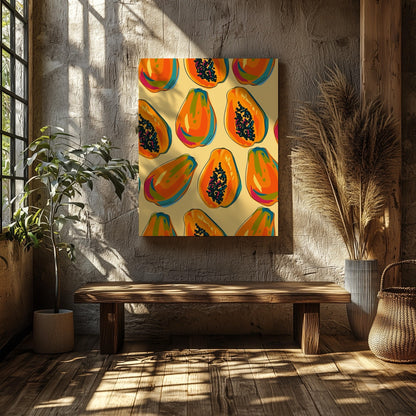 Tropical Papaya Paradise Pattern - Framed Canvas Wall Art Print - House Prints