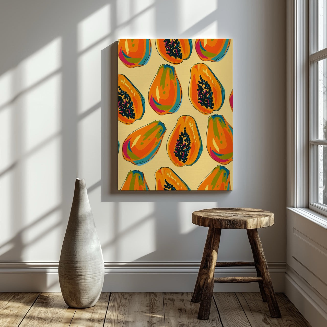 Tropical Papaya Paradise Pattern - Framed Canvas Wall Art Print - House Prints