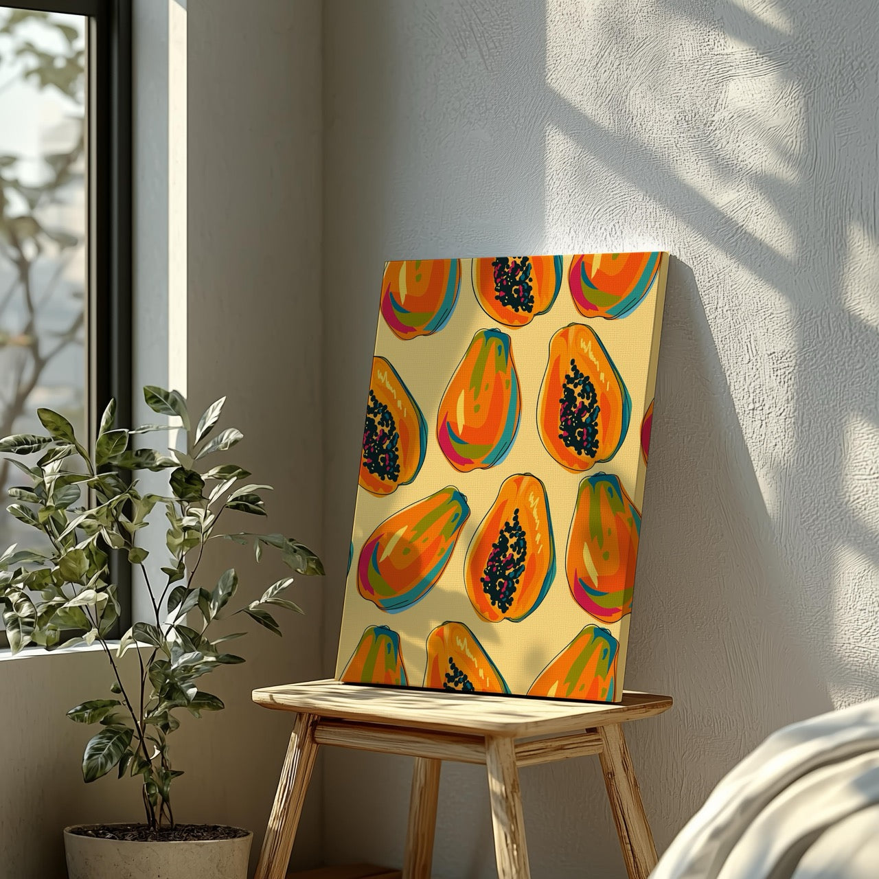 Tropical Papaya Paradise Pattern - Framed Canvas Wall Art Print - House Prints