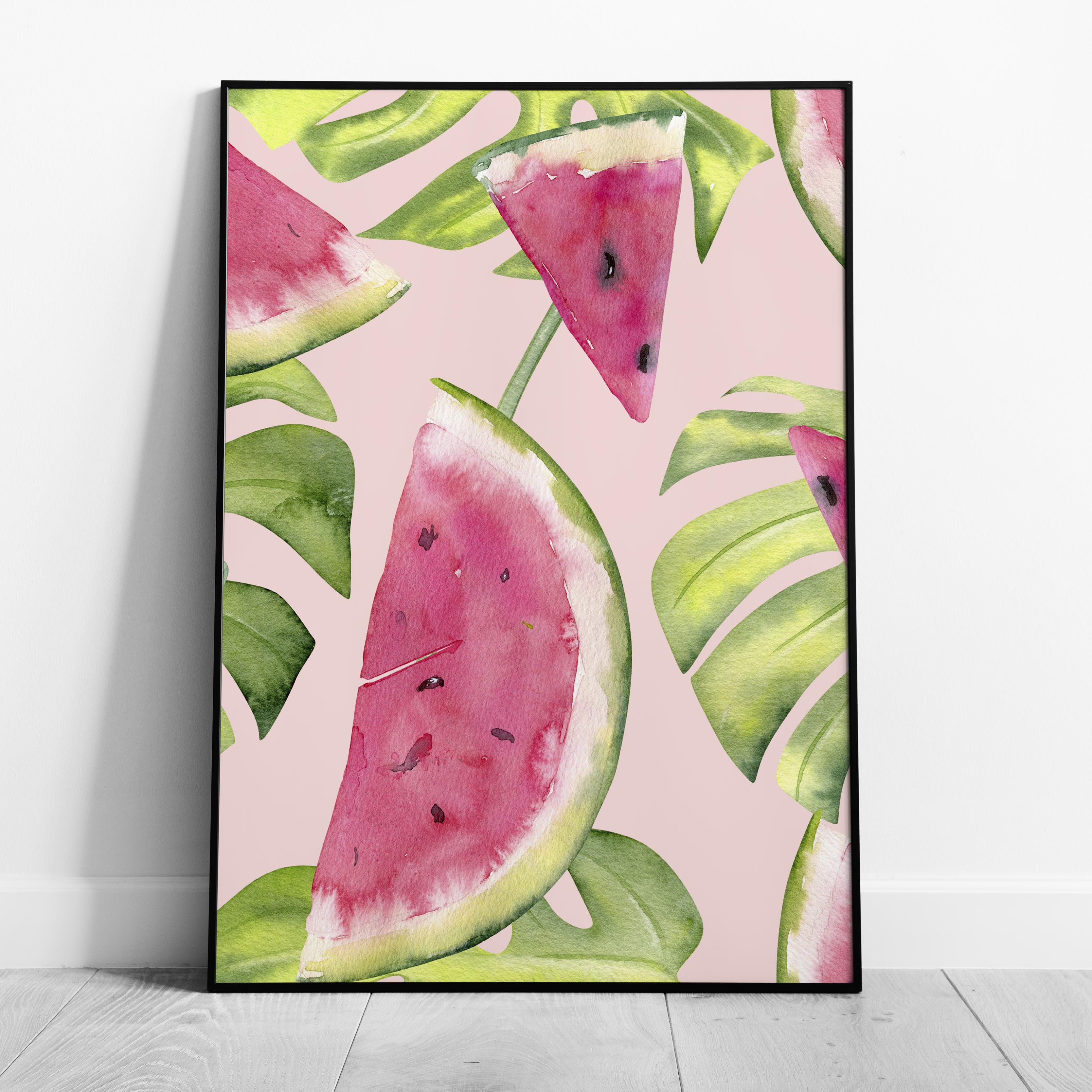 Summer Watermelon and Tropical Leaves - Rolled Poster Wall Art Print | House Prints
