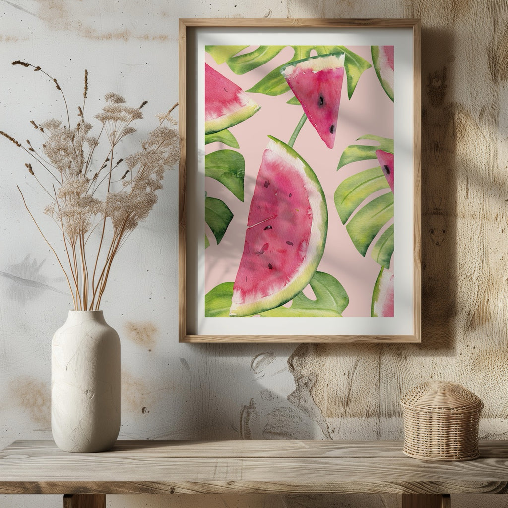 Summer Watermelon and Tropical Leaves - Rolled Poster Wall Art Print | House Prints