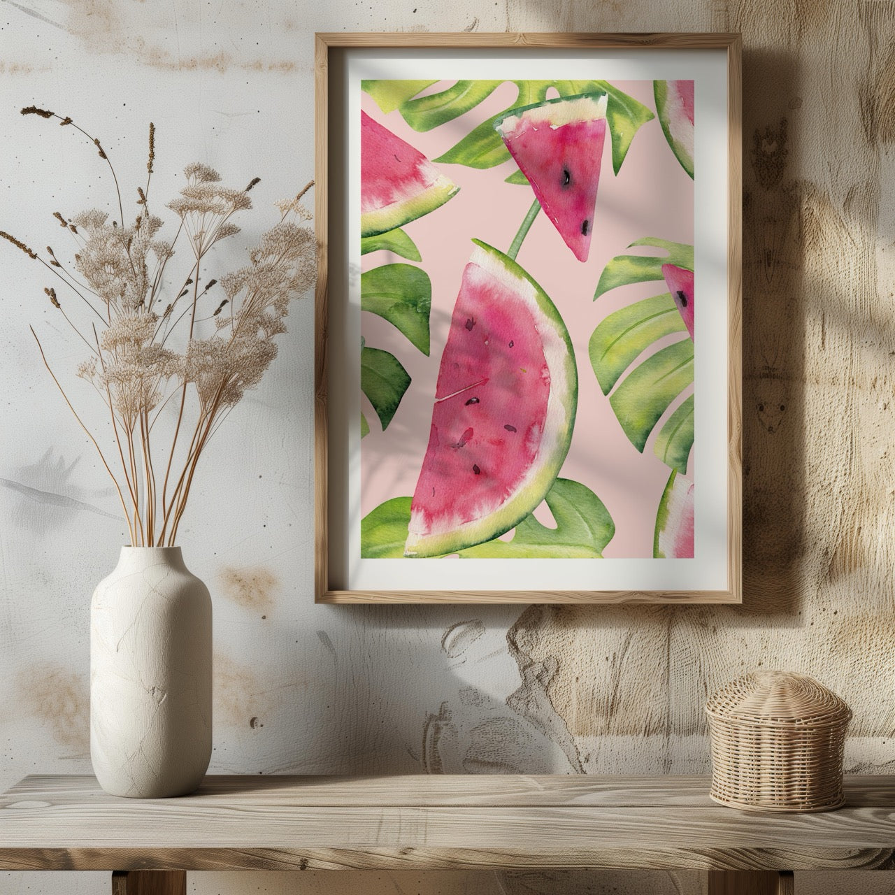 Summer Watermelon and Tropical Leaves - Rolled Poster Wall Art Print - House Prints
