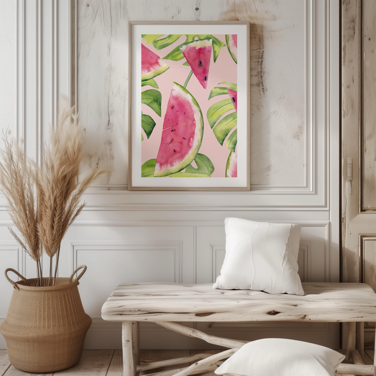 Summer Watermelon and Tropical Leaves - Rolled Poster Wall Art Print - House Prints