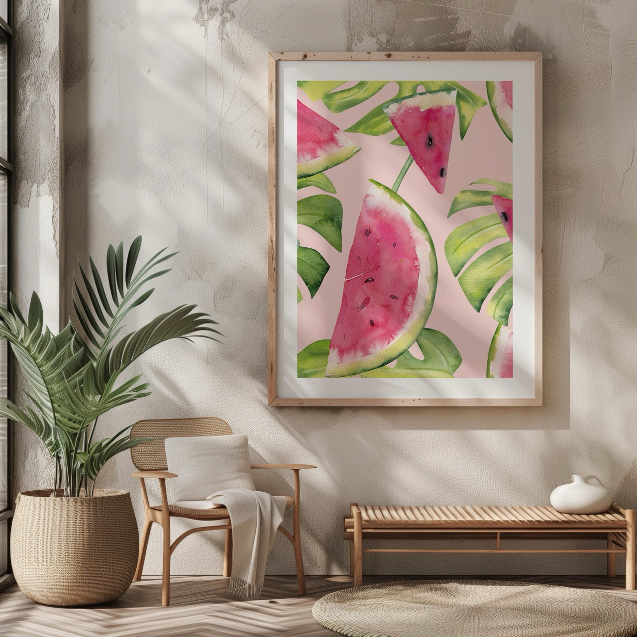 Summer Watermelon and Tropical Leaves - Rolled Poster Wall Art Print - House Prints