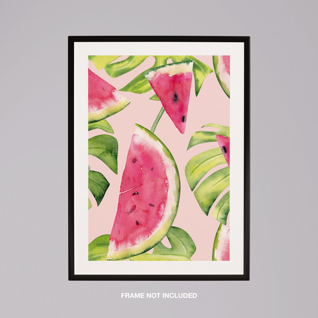 Summer Watermelon and Tropical Leaves - Rolled Poster Wall Art Print | House Prints